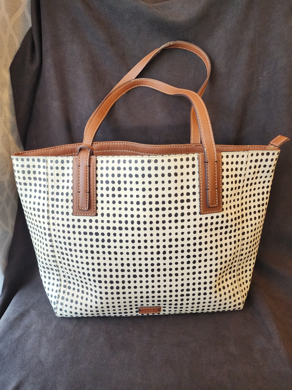 Fossil Emma Coated Canvas Large Zip Shoulder Tote Purse Dots Print